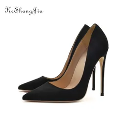 Ke Shang Jia kobiety zamszowe szpilki pompy eleganckie panie szpiczasty nosek klasyczne wysokie obcasy Sexy OL Slip On buty 12CM10CM 8CM