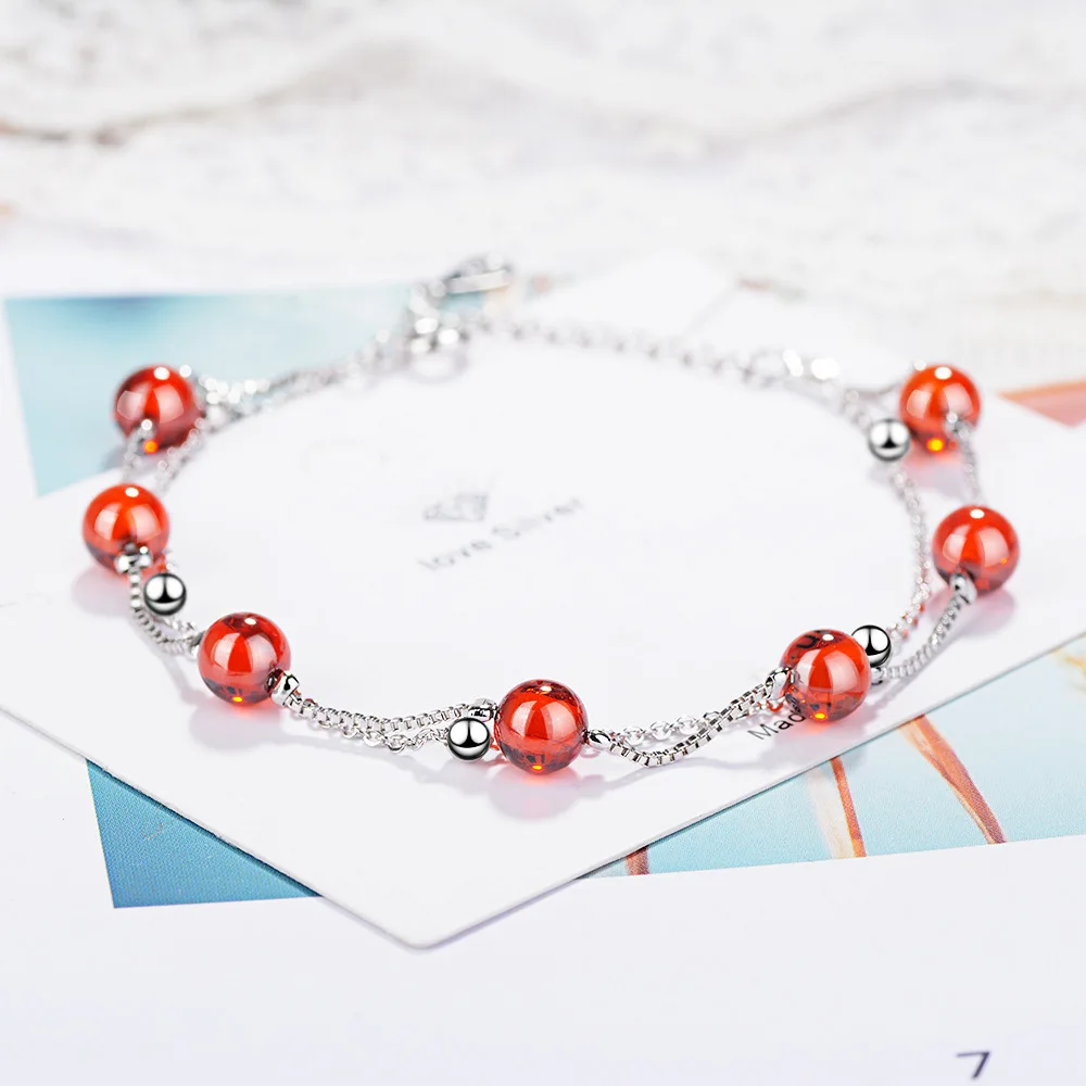 925 Sterling Silver Fashion Women\'s Jewelry Red Garnet Stone Double Layer Beads Bracelet 16cm For Gift Girls Lady Drop Shipping