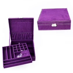 Purple two-layer lint jewelry box organizer display storage case with lock
