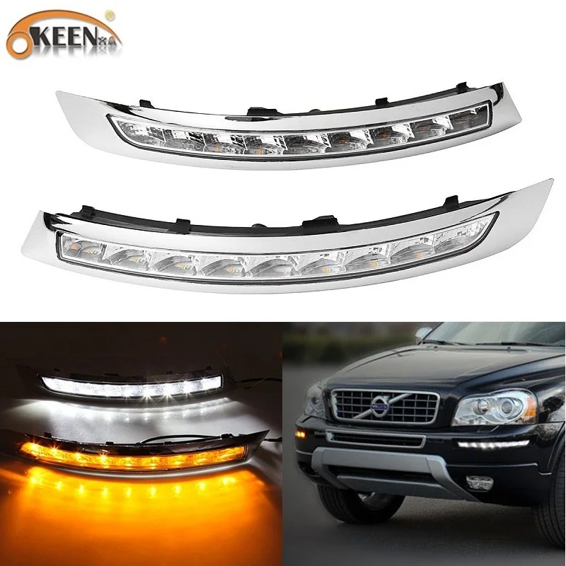 OKEEN 2pcs Car LED Daytime Running Light for VOLVO XC90 2007 2008 2009 2010 2011 2012 2013 DRL Turn Signal Light Yellow Fog Lamp