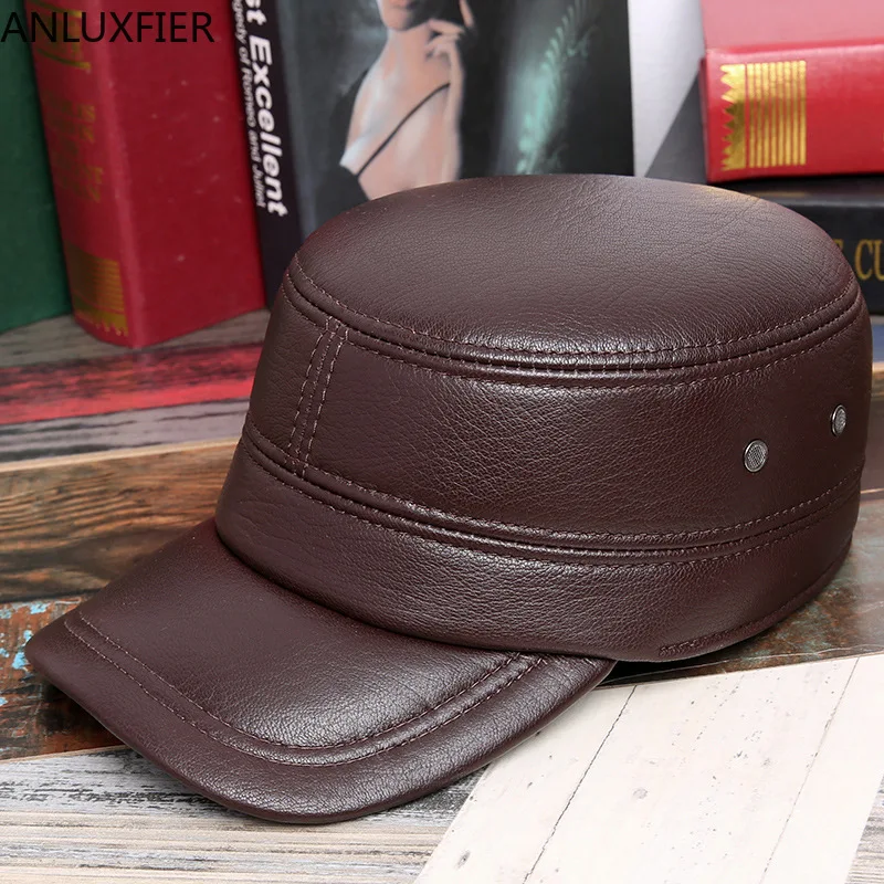 Genuine Leather Hat Men's Autumn Winter Warm Earmuffs Cap Middle Age Male Sheepskin Flat Top Casual Outdoor Fashion Caps H6998