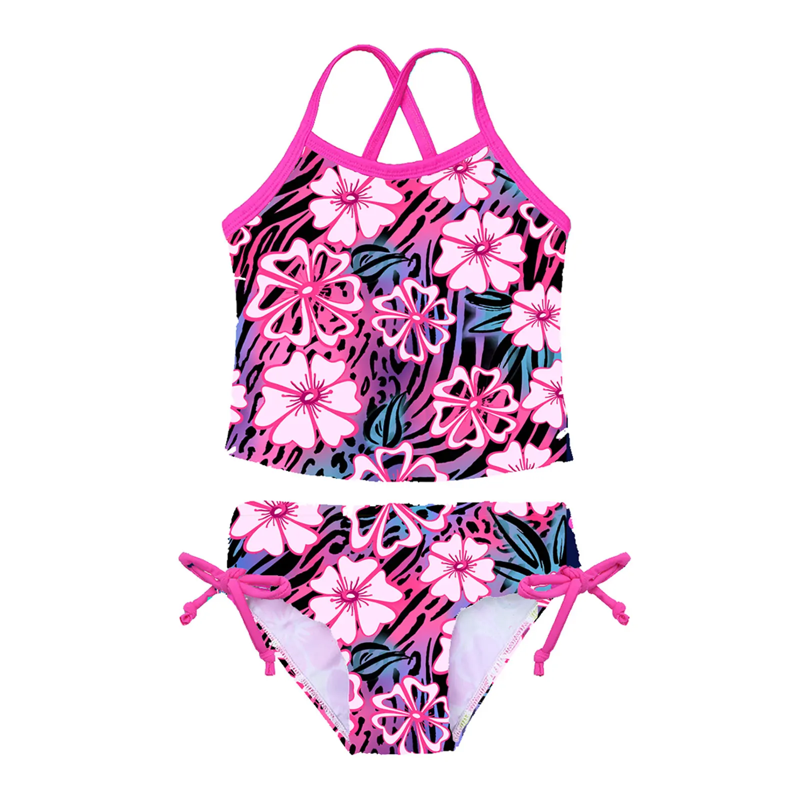 TiaoBug 3 To 14 Years Summer 2Pcs Kid Girls Tankini Floral Printed Swimsuit Swimwear Bathing Suit Tops With Tie Side Bottoms Set