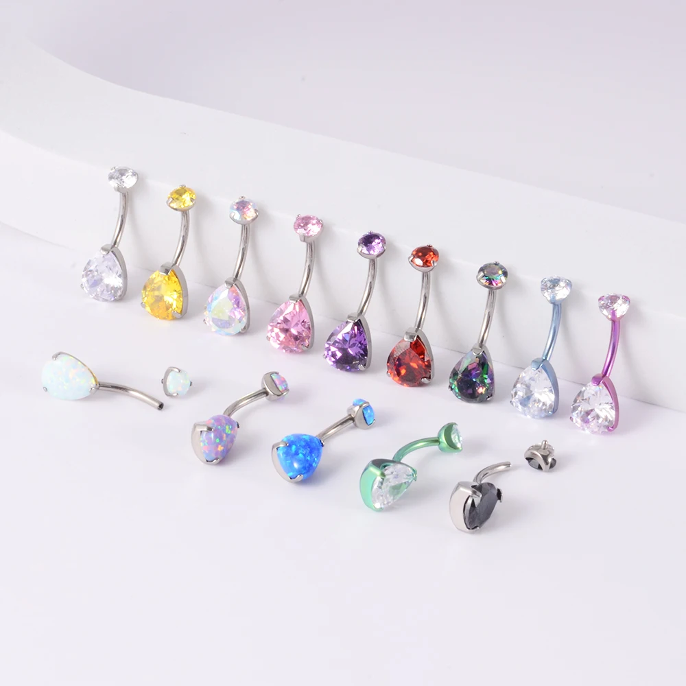 1PC G23 Titanium Zircon Belly Button Rings Prong WaterDrop Round CZ Navel Piercing Curved Banana Sexy Body Jewelry