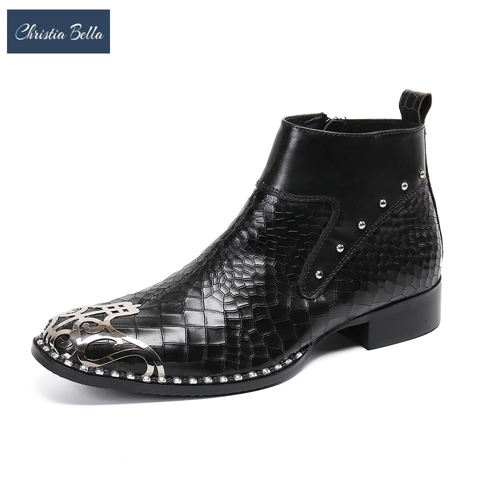 

British Style Black Round Toe Men Short Boots Business Office Big Size Genuine Leather Formal Shoes Male Rivet Motorcycle Boots