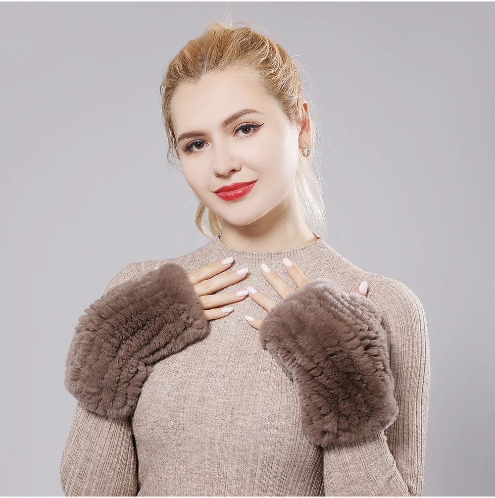 New Women 100% Real Genuine Knitted Rex Rabbit Fur Mittens Winter Warm Lady Real Fur Fingerless Gloves Handmade Knit Fur Mitten