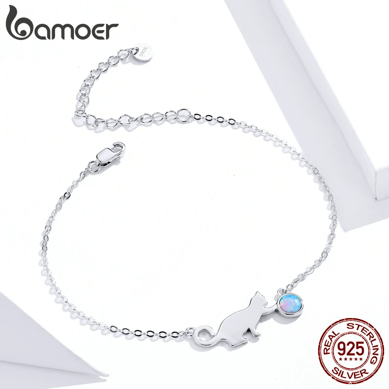 Bamoer Authentic 925 Sterling Silver Cute Pussy Cat Opal Link Bracelet for Women Luxury Fine Jewelry Female Gifts SCB175