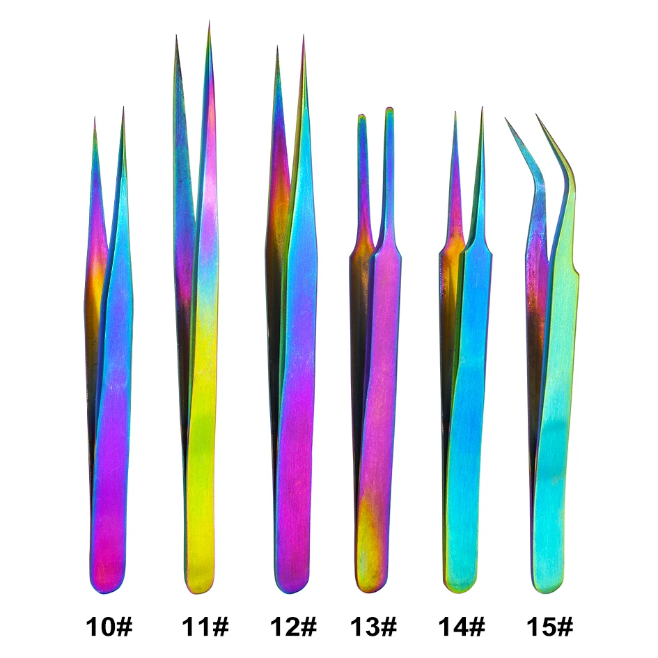 Stainless Steel 6 in 1 Rainbow Tweezers Set 10 11 12 13 14 15 # Eyelashes Makeup Nipper Color Tweezers Kit Tools Wholesale