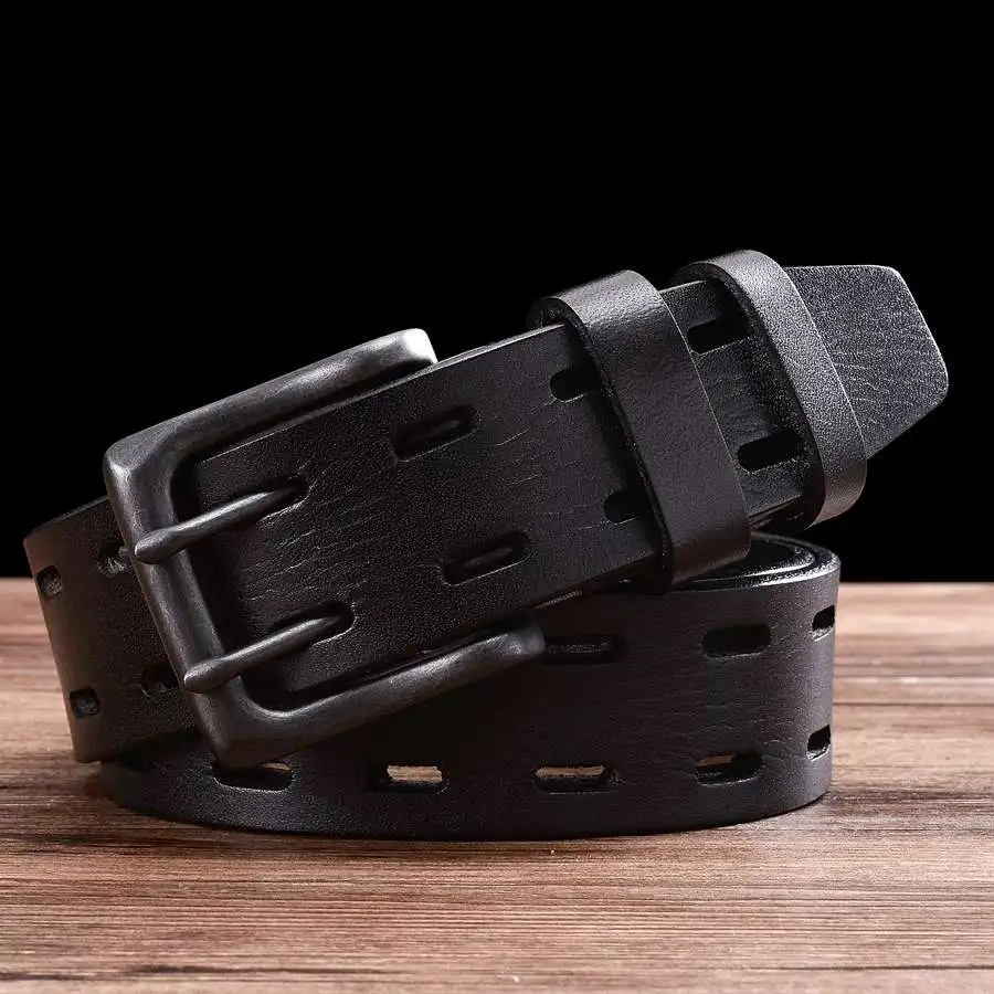 Top Genuine Leather Double Pin Buckle Belt Classic Hollowed Out Strap Jeans 100% Cowhide Men Waistband Width:3.8cm