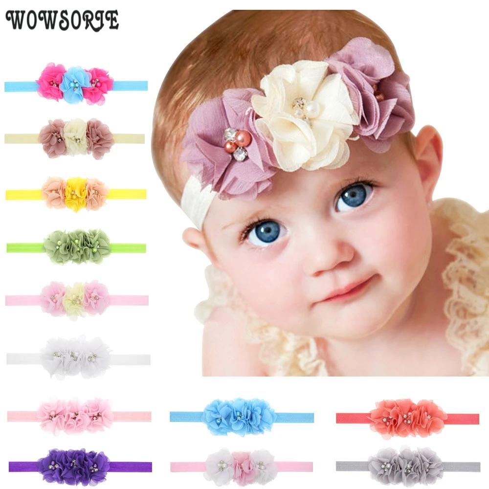 baby headband flower headwear Pearl Diamond Chiffon Flowers accessory baby headbands elastic hair band girls hair accessories