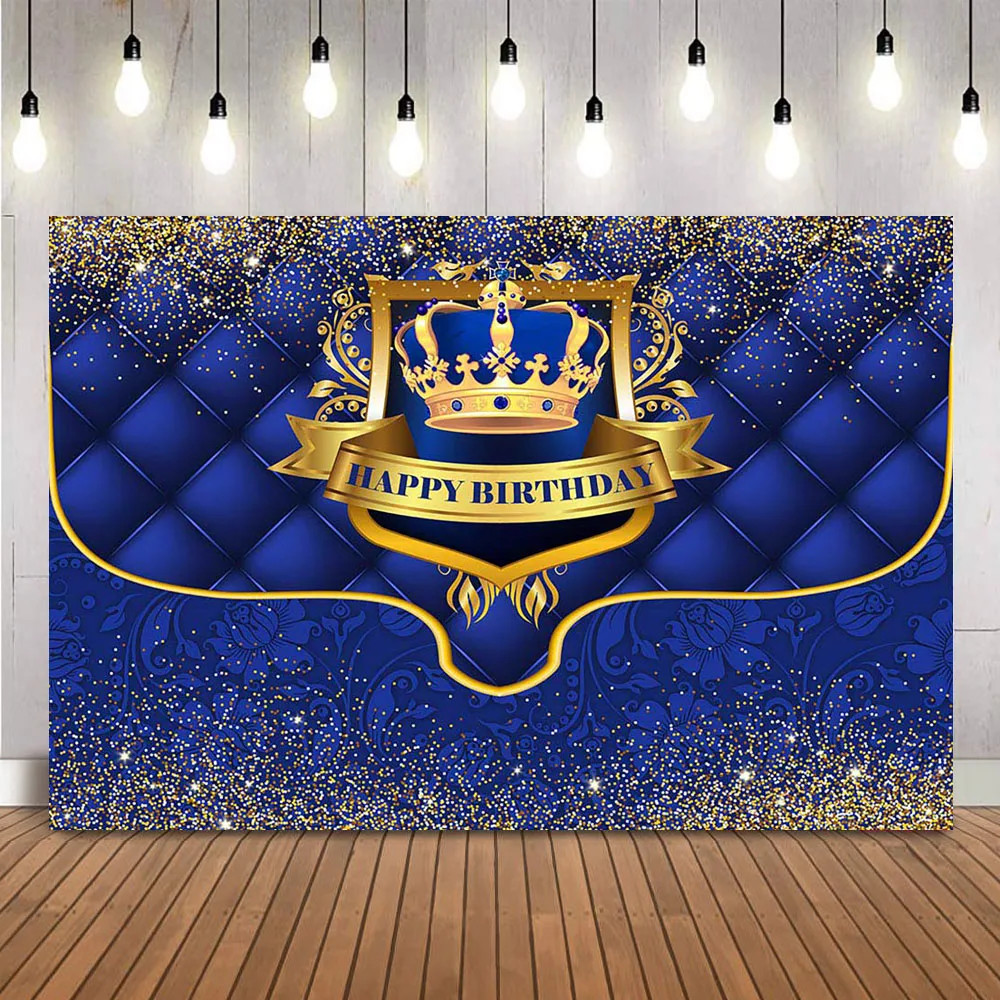 Royal Blue Crown Birthday Backdrop for Gold Glitter Newborn Kids Boys Photo Background Photoshoot Dark Blue Decorations Banner