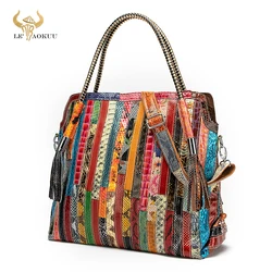 Multi-Color Soft Original Leather Luxury Ladies Patchwork Large Shopper Handbag Shoulder bag Women Design Female Tote bag 445