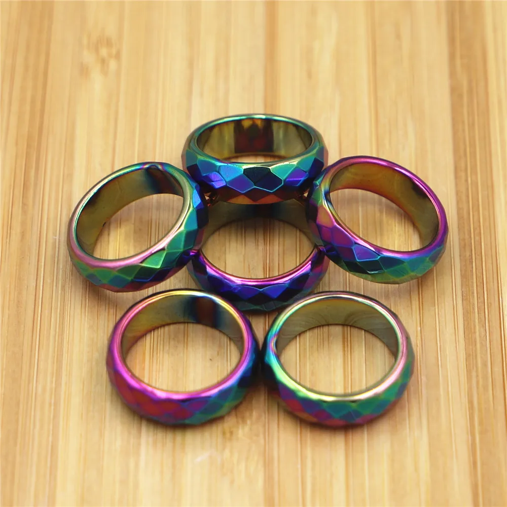 

Hot Wholesale 50pcs/lot Fashion Party Jewelry Grade 3A Quality 6mm Wide Faceted Hematite Rings Rainbow Color Fashion Rings