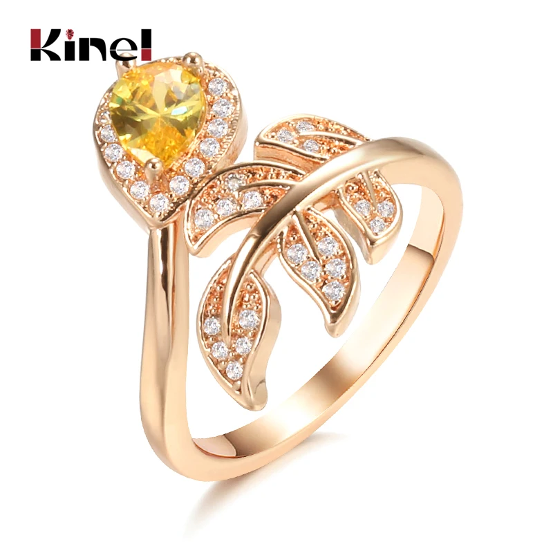 Kinel Yellow Natural Zircon 585 Rose Gold Ring Hollow Crystal Flower Ethnic Bride Wedding Rings for Women Vintage Fine Jewelry