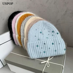 USPOP New Trendy Brand Hat Winter Women Rhinestone Beanies Knitted Hat Soft Thick Warm Wool Hats