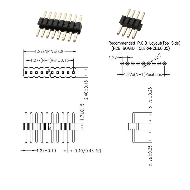 10Pcs 1,27mm Einreihig Männlich Weiblich Steckdose Abtrünnigen PCB Board Pin Header Stecker 1,27 Streifen Pinheader 2P-50 pin