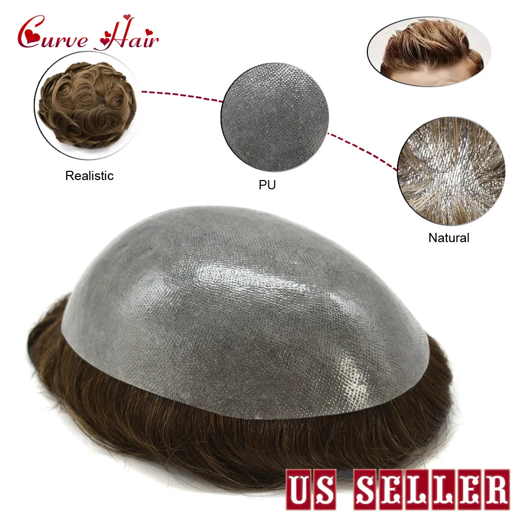 Invisible Full Poly Mens Toupee Thin Skin Hair System For Men 100% Human Hair Replacement All Clear PU Mens Wig