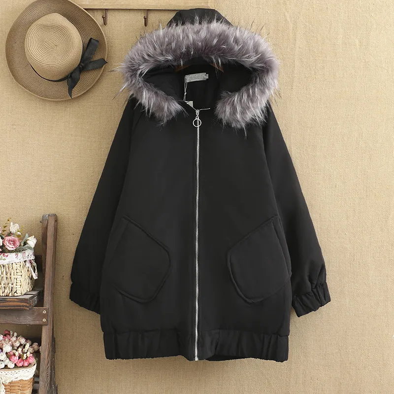 

PLUS SIZE women's coat, mid-length winter coat with a thick hooded collar and cotton center, 220-pound baggy girl coat