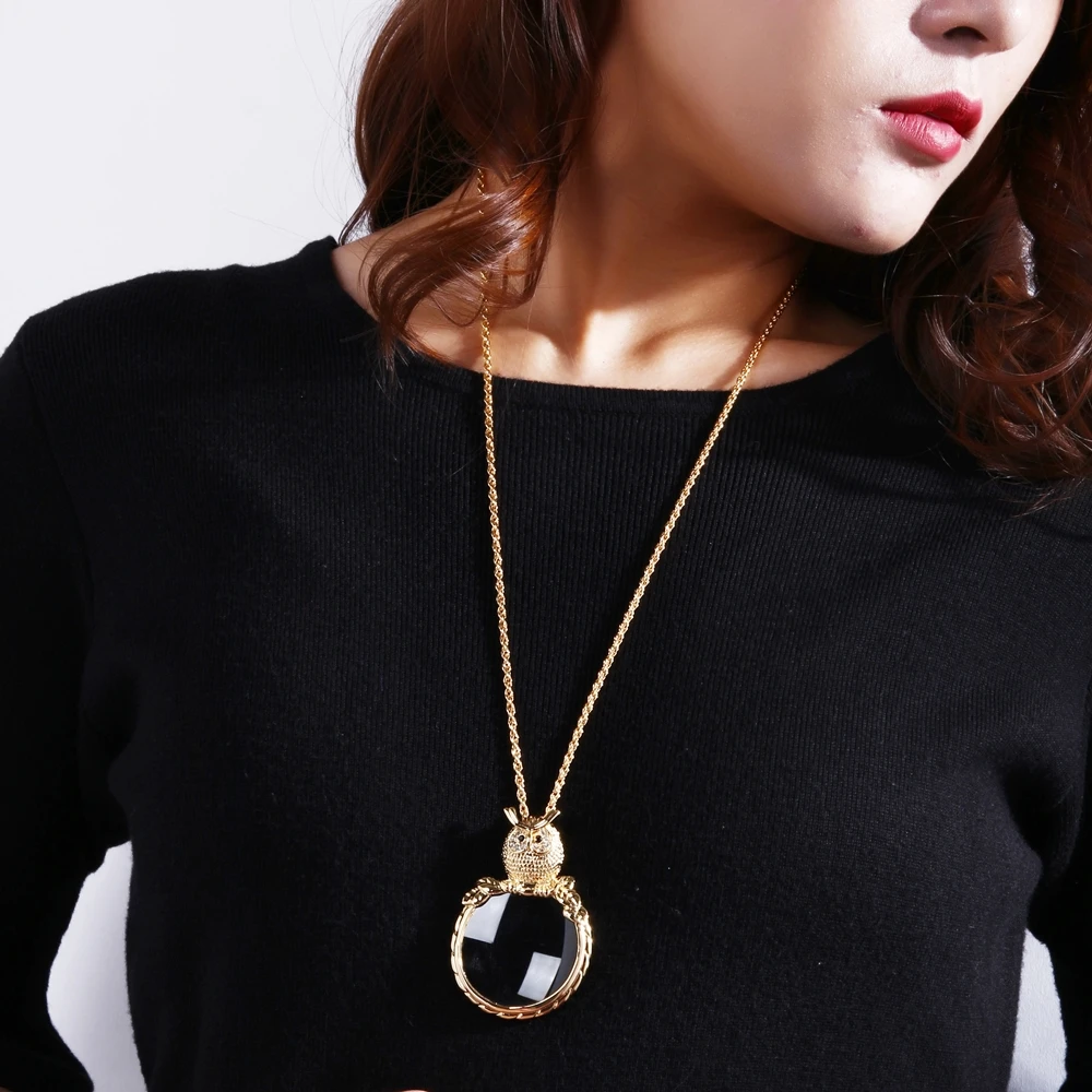 DreamCarnival1989 Women Sweater Necklace 40mm Big Glass Len Magnifying for Reading 65cm Long Chain Cute Owl Jewelry Gift P-0018