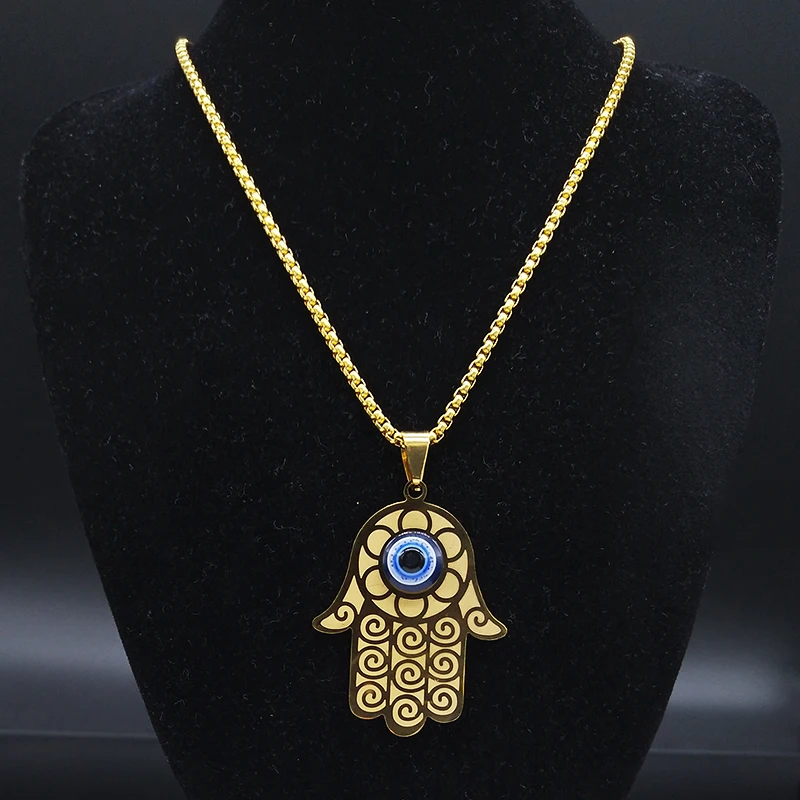 Blue Turkish Demon Eye Hamasa Hand Stainless Steel Hand of Fatima Necklace Women Men Necklace Jewelry collares mujer N1139S02