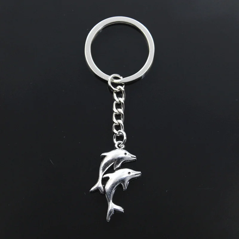 Hot Fashion Double Dolphin Show 32x22mm Pendant 30mm Key Ring Metal Chain Silver Color Men Car Gift Keychain Dropshipping