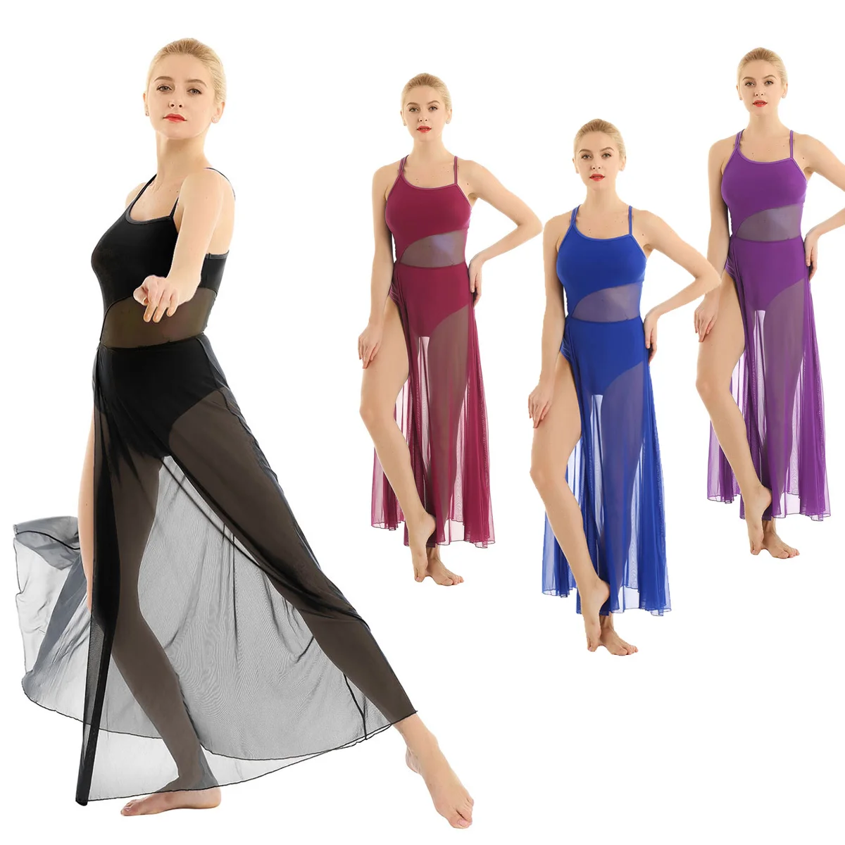 Women Sleeveless Ballerina Stage Asymmetrical Mesh Ballet Dance Dress Gymnastic Leotard Performance Lyrical Dance Costumes