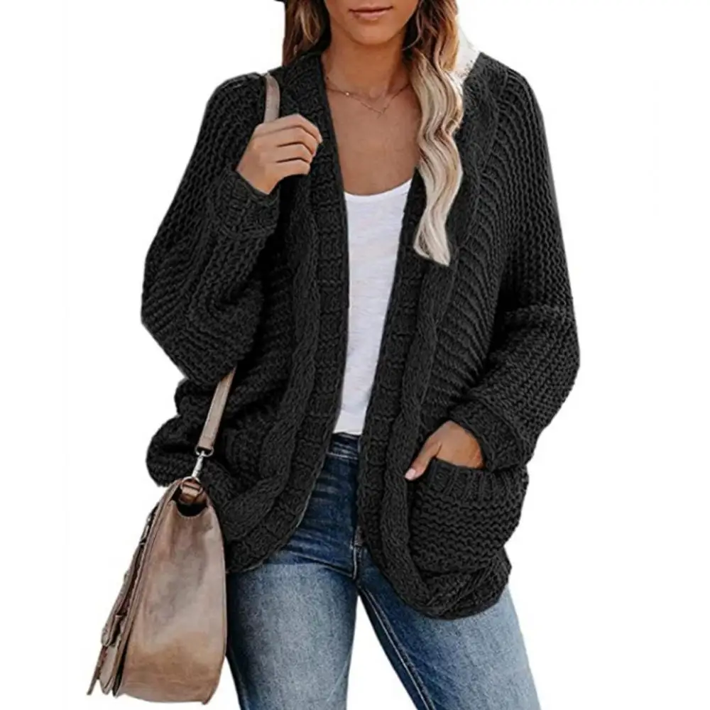 65%  Dropshipping!!Winter Women\'s Jacket Solid Color Knitted Pocket Loose Large Size Cardigan Sweater