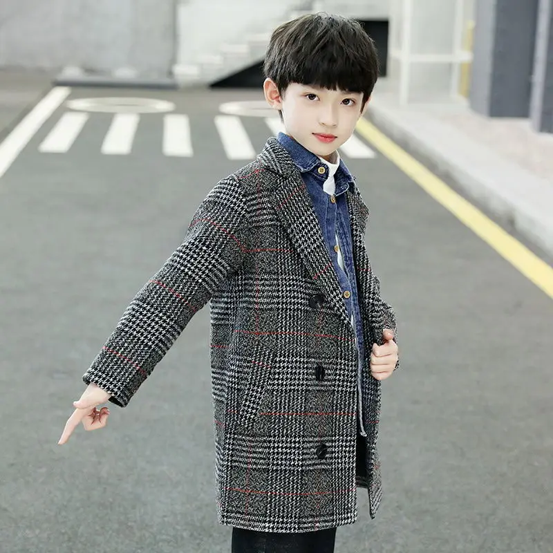 5-14T Boys Woolen Coat For Winter 2021 New Fashion Plaid Turn Collar Thick Warm  Woolen Jacket Gray/khaki High Quality