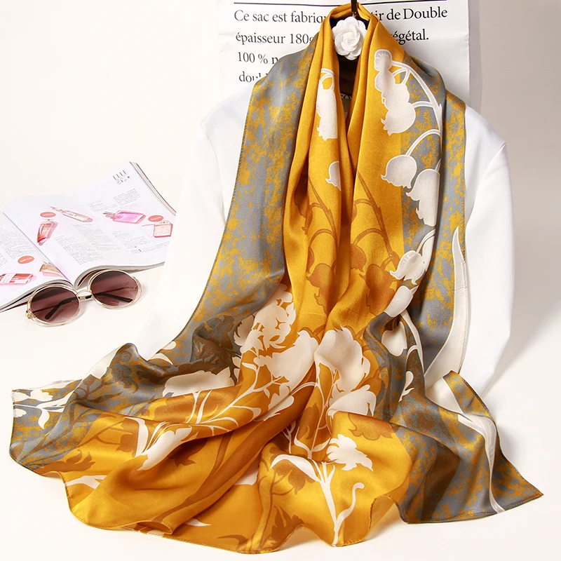 Real Silk Satin Scarves Women Print Long Headscarf 100% Natural Silk Shawls Foulard Cheveux Femme Luxury Neckscarf Bufandas