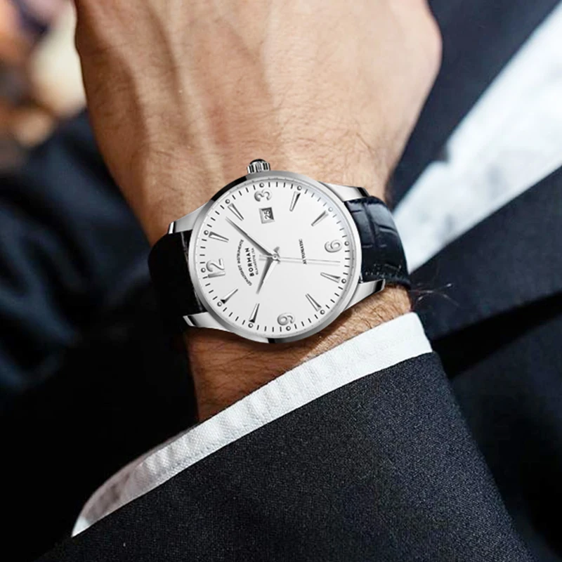 بورمان 316L الفولاذ المقاوم للصدأ الرجال التلقائي ساعات آلية مضيئة الأيدي الياقوت الزجاج مقاوم للماء 50 متر ساعة مع تاريخ ساعة