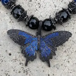 Y·YING Blue Tiger Eye Round Smooth Black Onyx Necklace Cubic Zirconia Pave Butterfly Pendant 20