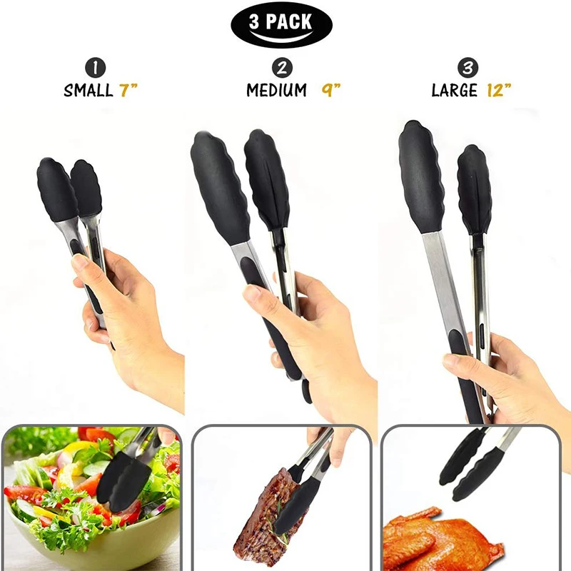 7/9/12 Zoll Silikon-Grillzange für die Küche, Edelstahl, verriegelbare Kochzange mit Silikonspitzen, rutschfeste Lebensmittelzange zum Kochen – Detail 9