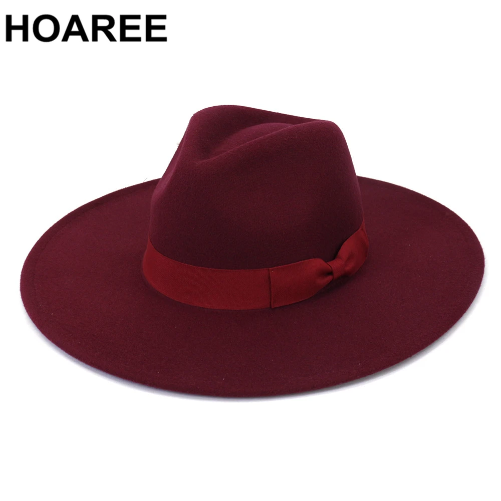 HOAREE Autumn Winter Fedora Hats For Women Men Wide Brim Felted Hat Jazz Cap Panama Camel Solid Male Female Sombreros Burgundy