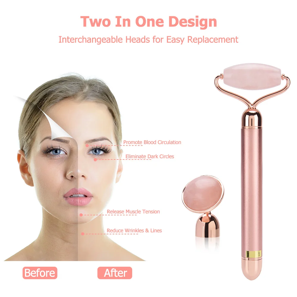 2 in 1 Electric Jade Roller Natural Rose Quartz Vibrating Massager Face Lift Slimming Wrinkle Removal Skin Tightening