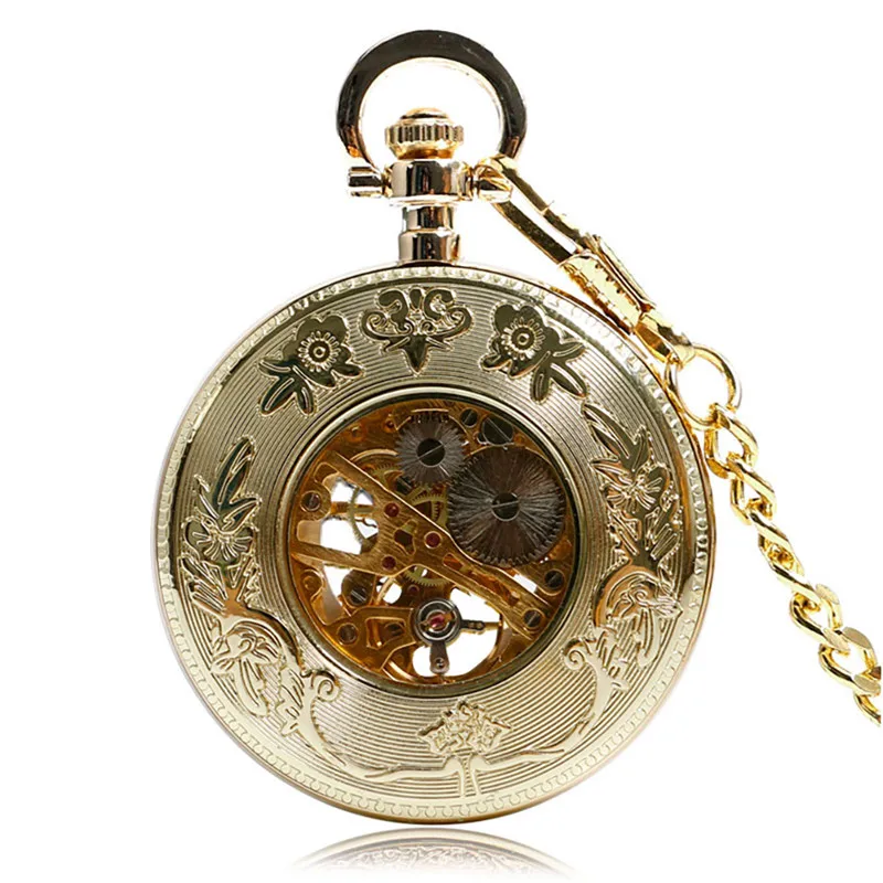 Luxury Unisex Handwinding Mechanical Pocket Watch Manually Skeleton Clock Arabic Number Dial Golden Pendant Chain