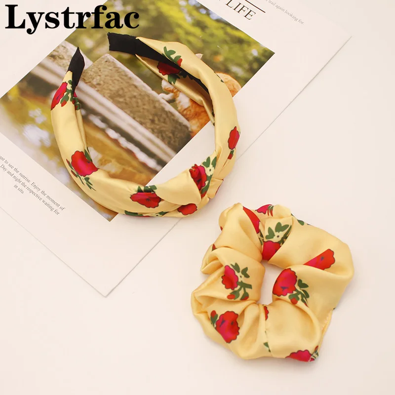 Lystrfac New Vintage Rose Floral Hairband Scrunchie for Women Girls Headband Wide Hair Hoop Set Female Headwear Hair Accessories