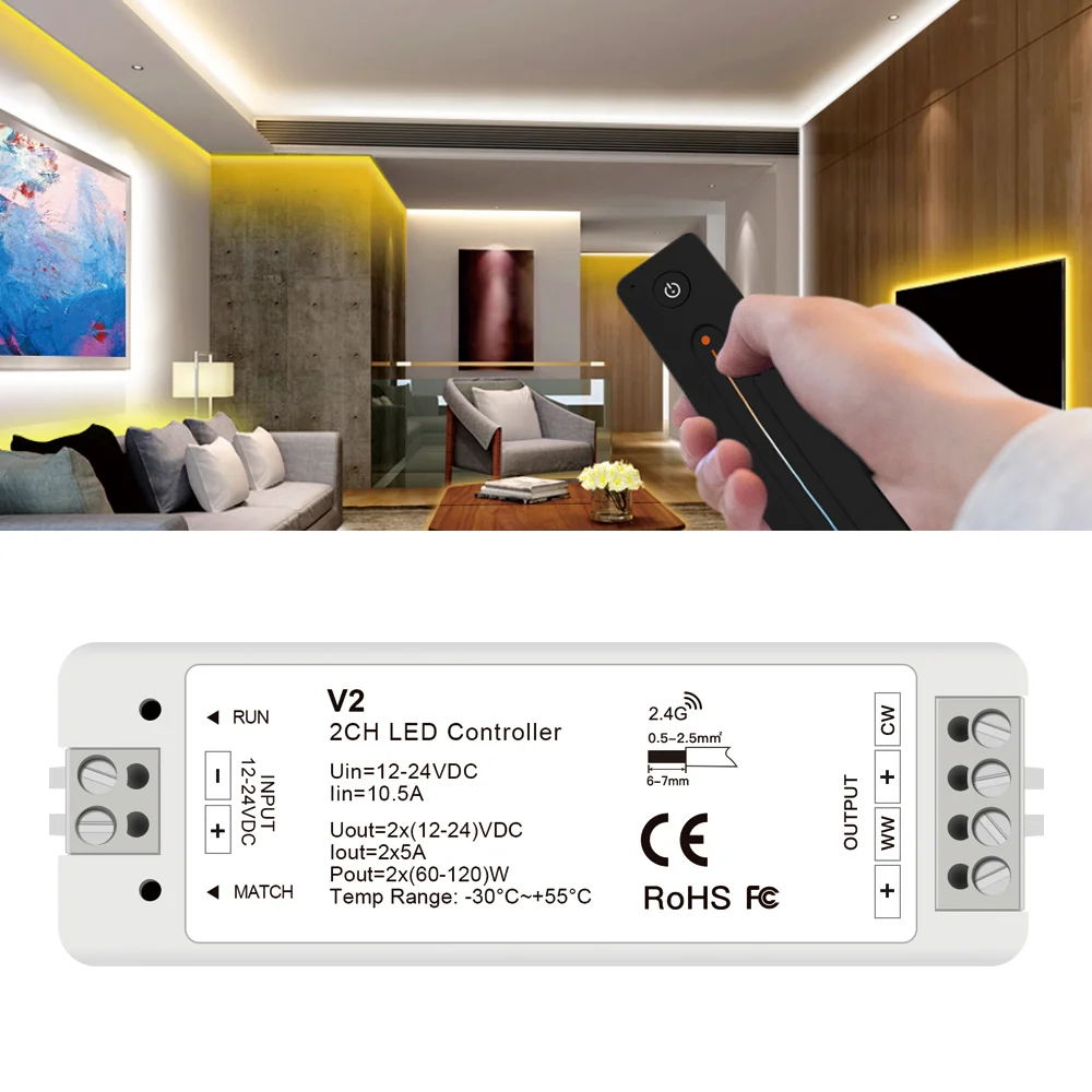 RF 2.4G Dual Color CCT LED Controller For Dynamic White LED Strip Lights 12V~24V 5A/Channel High Power Brightness Dimmer