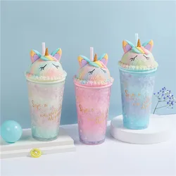 Cute Water Bottle Unicorn Plastic Water Bottle With Straw Korean Style Cute Summer Cool Broken Ice Cup for Milk Coffee Tea Cup