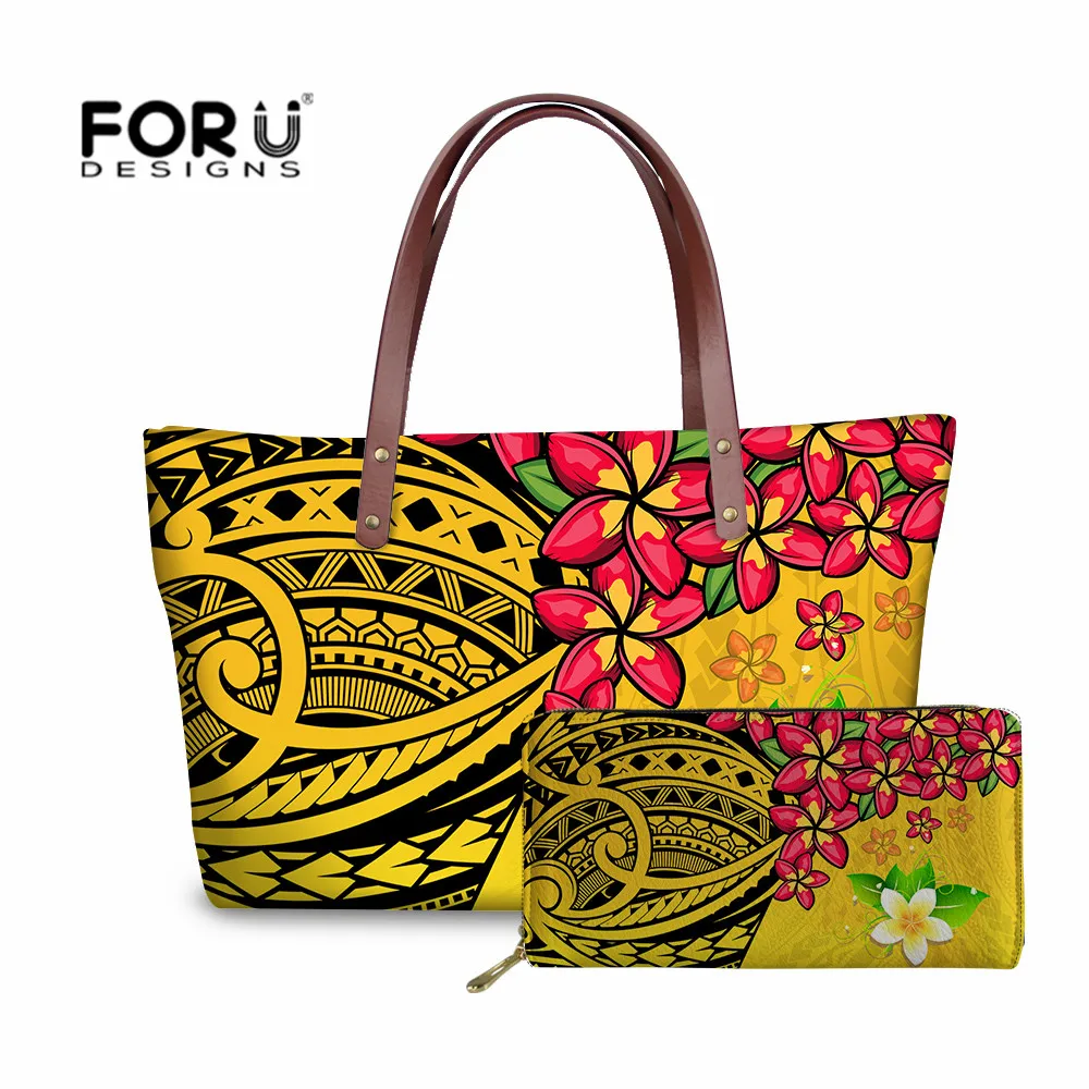 

Colorful Plumeria Women Totes Bag Hawaiian Style Flower Polynesian Pattern Printing Large PU Ladies Shoulder Handbags Wallet Set