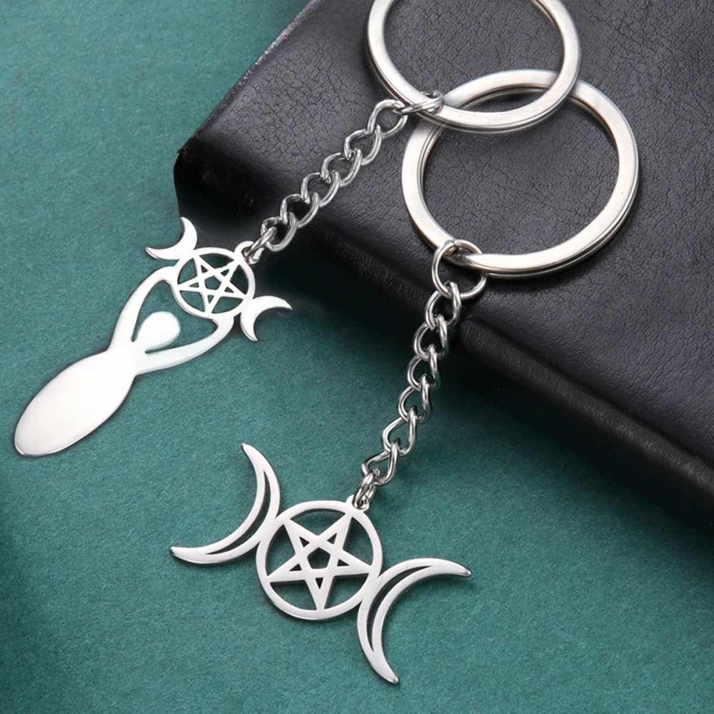 LIKGREAT Wicca Hollow Pentagram Keyring Triple Goddess Keychain for Women Men Pagan Fertility Amulet Stainless Steel Jewelry