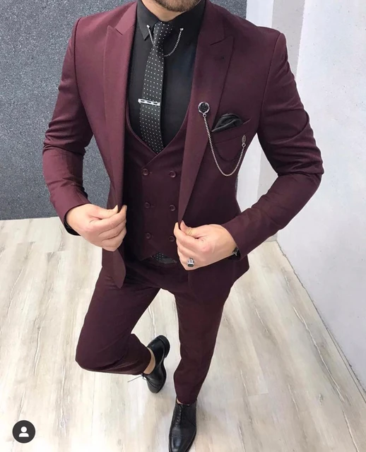 Colorful Burgundy Costume Homme Men Suits Wedding Tuxedos for Groom Slim Fit Blazer Terno Masculino 3 Pieces Jacket Pant Vest AliExpress