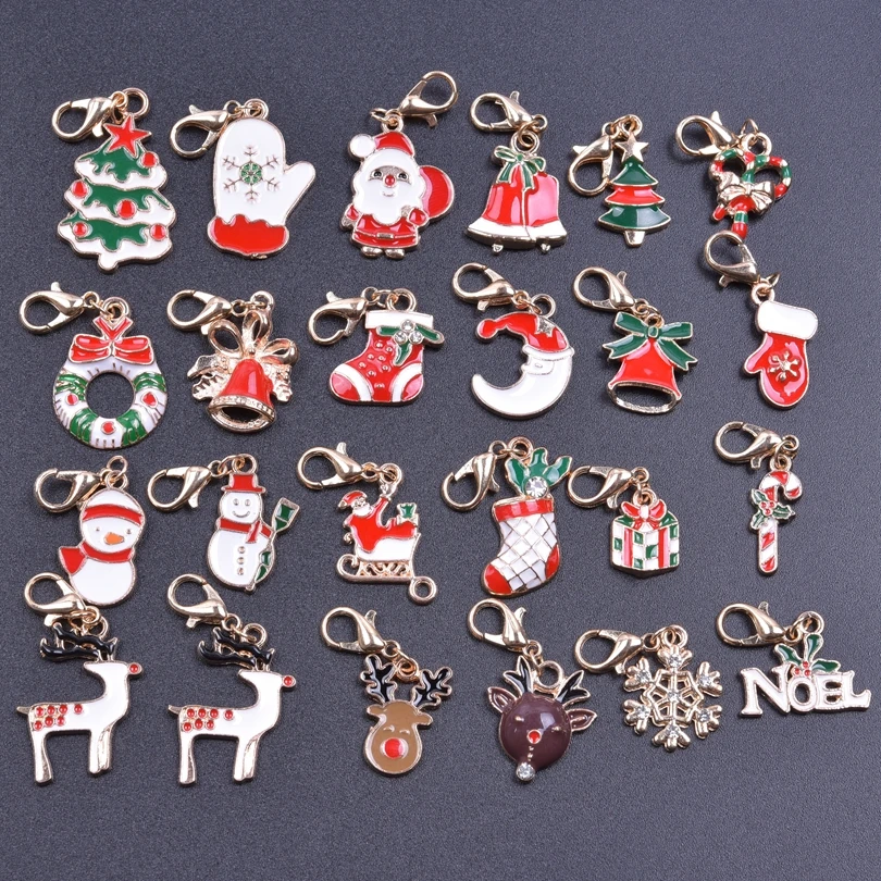 24pcs Christmas Pendant With Lobster Clasp Enamel Charms For Jewelry Making Supplies DIY Accessories Women Men Handmade Keychain