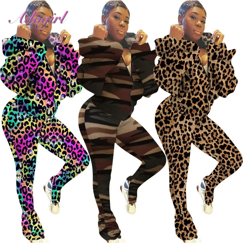 Autumn Leopard Print Two Piece Sets Women Long Sleeve Backless Hoodie Tops Stacked Ruched Pants Suit Outfit Streetwear Tracksuit