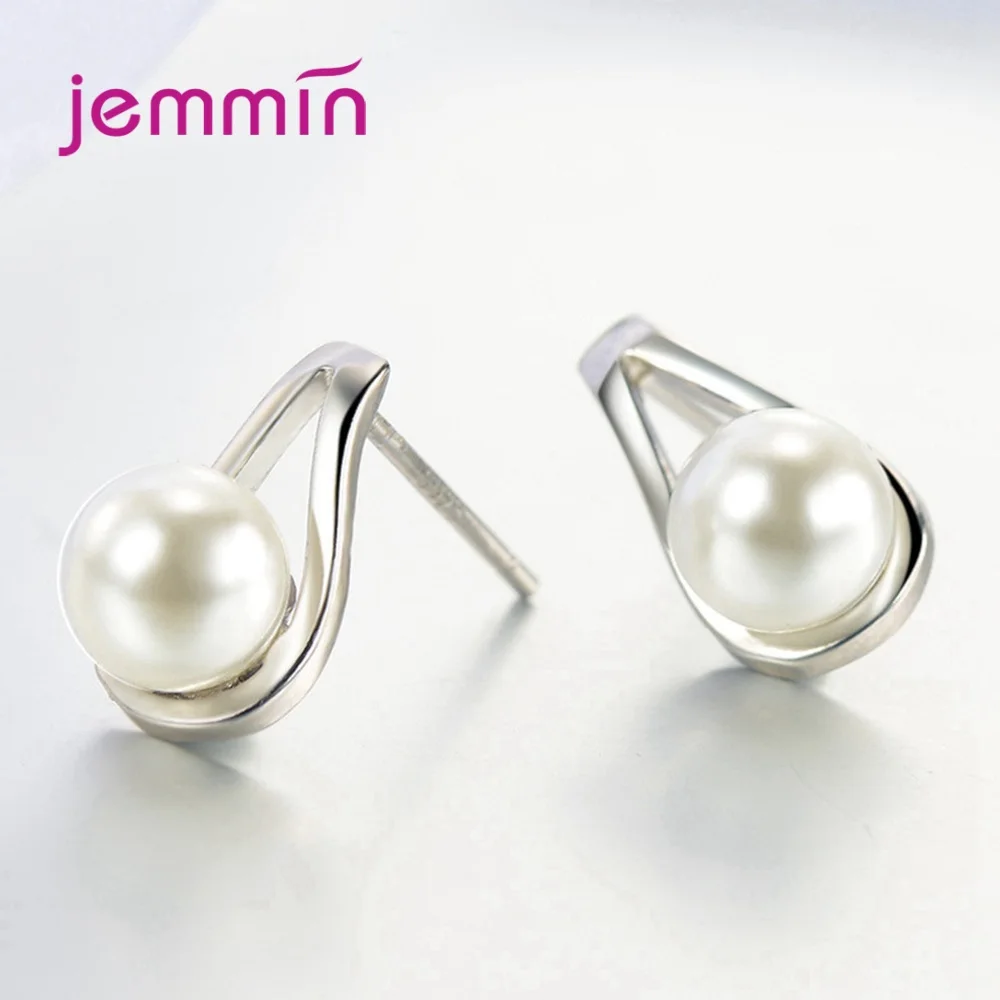 S925 Sterling Silver  Necklace Stud Earring Set for Women Girls Engagement Gift White Round Pearl Fashion Jewelry Set