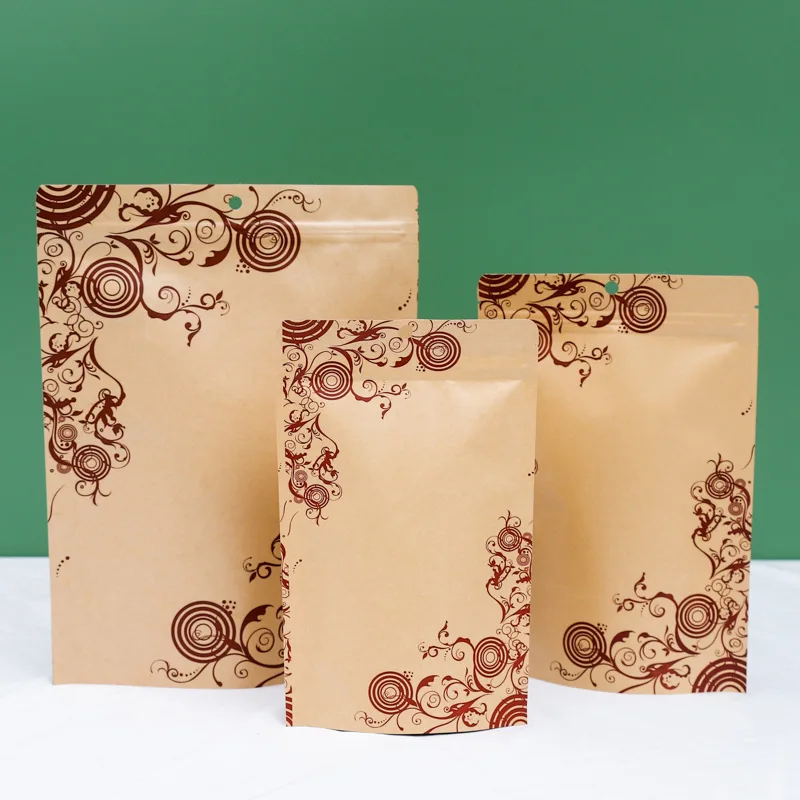 500Pcs/Lot Stand-up Kraft Paper Zipper Bags Snack Powder Chocolate Reseable Party Wedding Heat Sealing Hanging Pouches