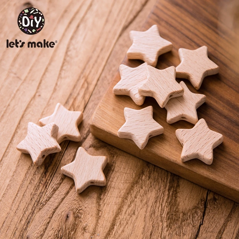 Let\'S Make 50pc Beech Wooden Five-Pointed Star Beads Bow Wooden Teethers Toys Wooden Teether Wooden Teething Beads Baby Teether