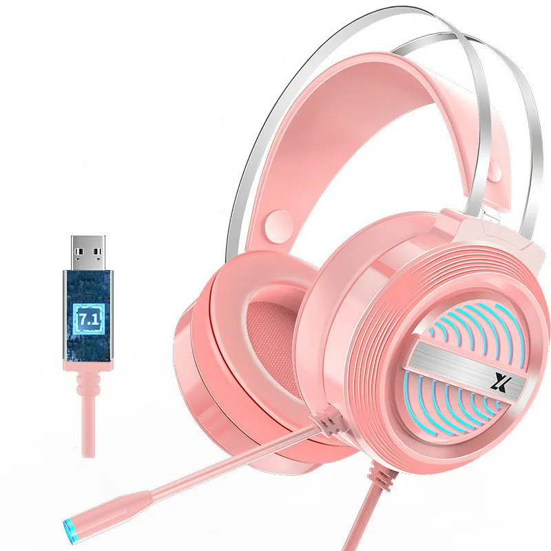 LED Pink Gaming Headphone 7.1 Professional Gaming Colorful Wired  Headset With Microphone Pink Headphone For Laptop Computer