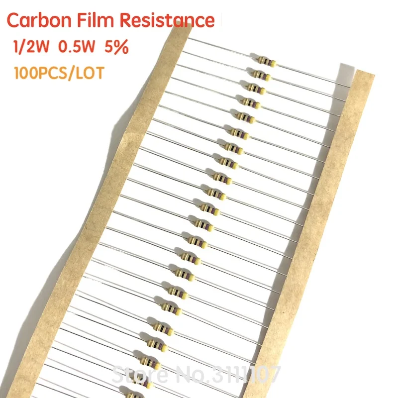 100PCS/LOT 1/2W Carbon Film Resistors 5% Color Ring Resistance 1R  1.2R 2.2R 10R 33R 1K  6.8K 10K 39K 100K  360K 510K 1M  ohm