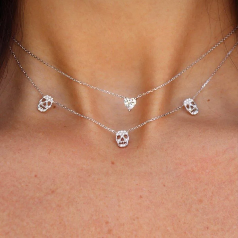 925 Sterling Silver Little cute skull Multi-layer Necklaces & Pendants For Women Fashion Cubic Zirconia Jewelry Accessories