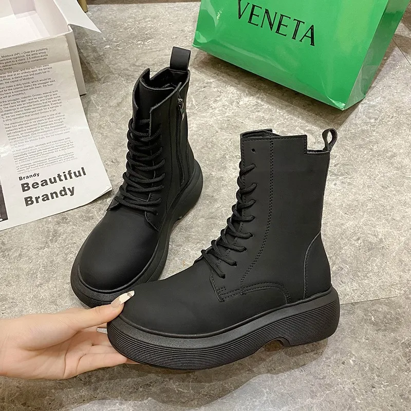 

New Fashion Winter Mid Calf Boots Women Autumn Winter Fashion Lace-up Zipper Botas Mujer Boots Sports Platform Heel Ladies Shoes