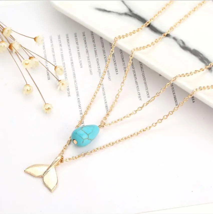 أزياء المرأة مزدوجة الطبقات قطرة الماء الفيروز وذيل حورية البحر قلادة القلائد الذهب سلسلة مجوهرات هدايا S1971 #4